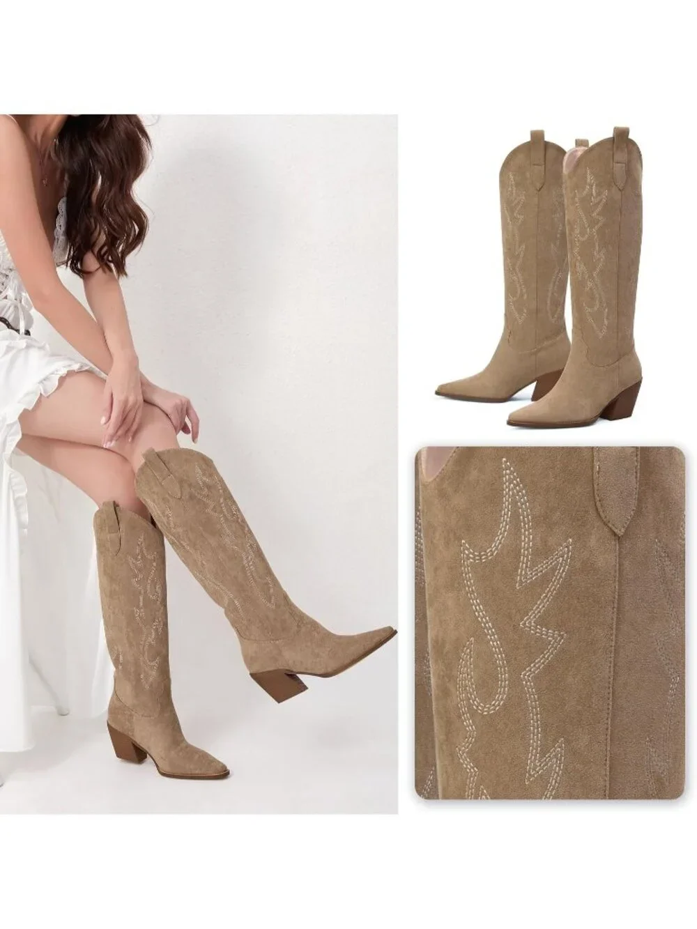 Women's Nude Pointed Toe Faux Leather Block Heel Heel Over The Knee Boots